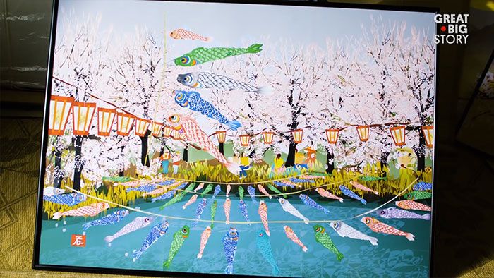 bức tranh vẽ hoa anh đào và cờ cá koi